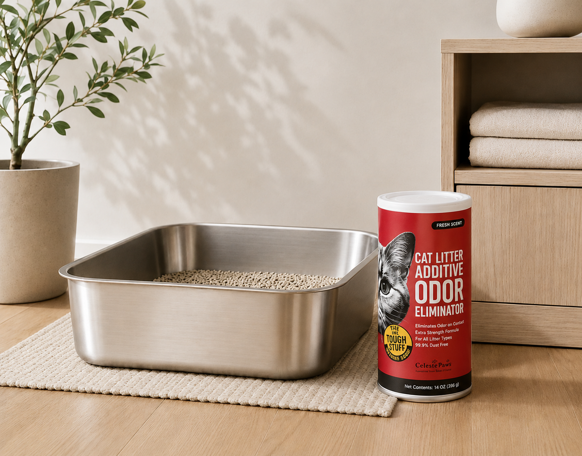 Stainless steel cat litter box with CelestePaws Cat Litter Odor Neutralizer in a clean modern home