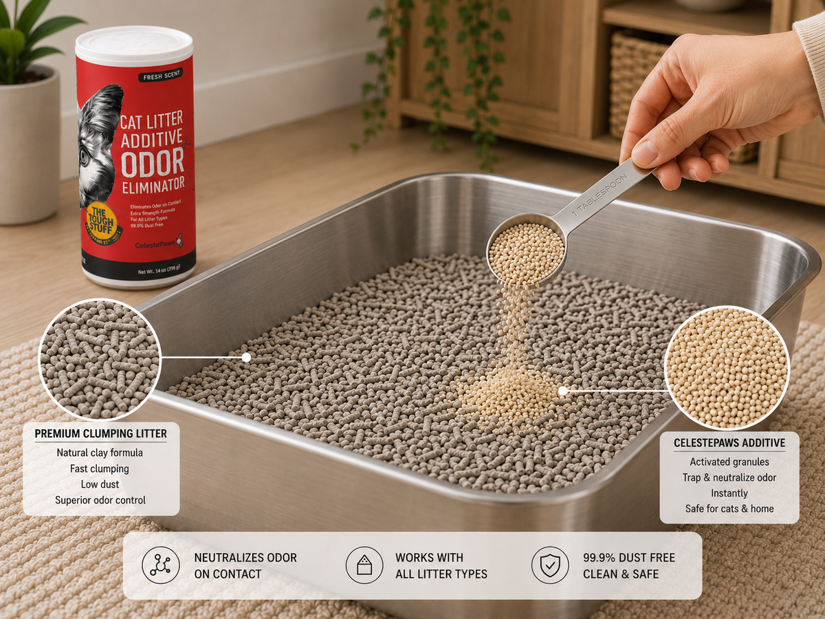 Adding CelestePaws Cat Litter Odor Neutralizer to a stainless steel litter box to help neutralize ammonia odor